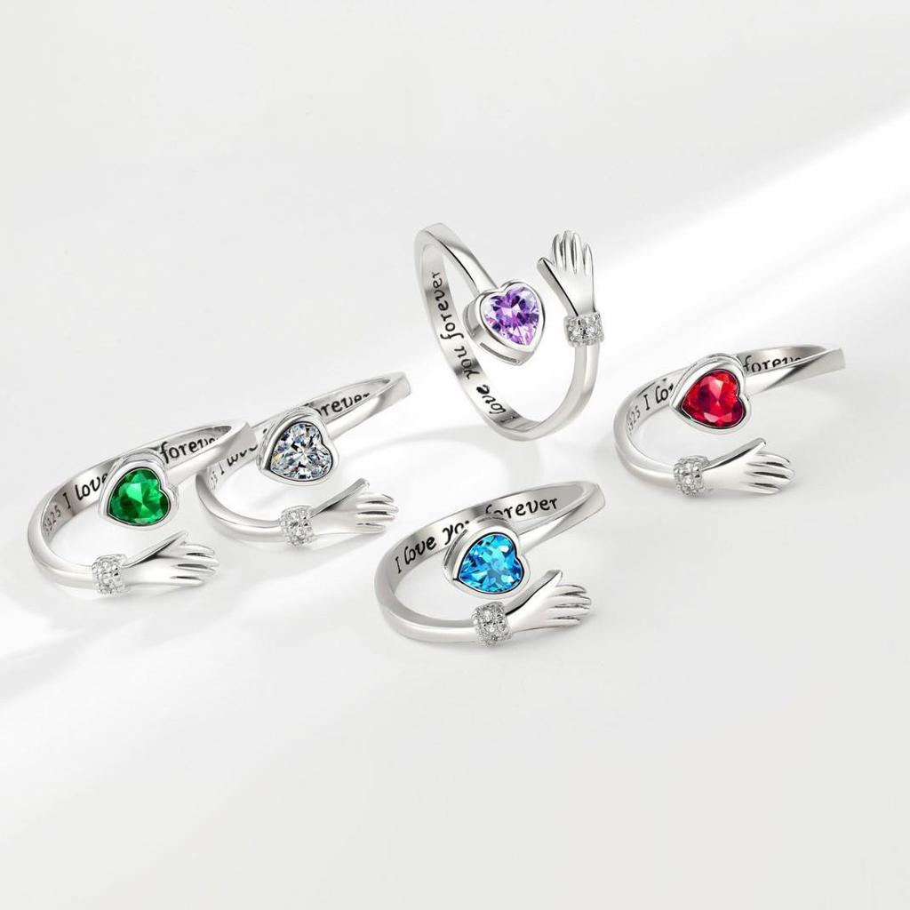 Diamond-Studded Heart Hug Ring with Engraved Letters and Birthstone for Couples