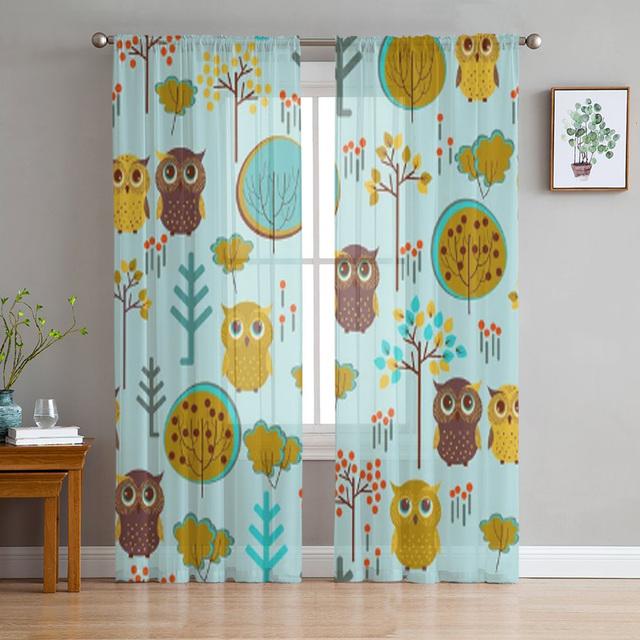 Autumn Forest Cartoon Animals Bear Fox Owl Sheer Curtains for Windows Tulle Curtains for Living Room Bedroom Children Room Decor