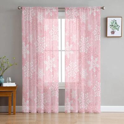Christmas White Snowflake Pink Background TCurtains For Living Room Bedroom Kitchen Decoration Window Tulle Curtain