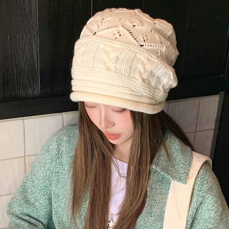 Curled Baotou Knitted Hat Women's Autumn and Winter Large Head Circumference Warmth Ear Protection Pile Hat Face Revealing Small Woolen Hat