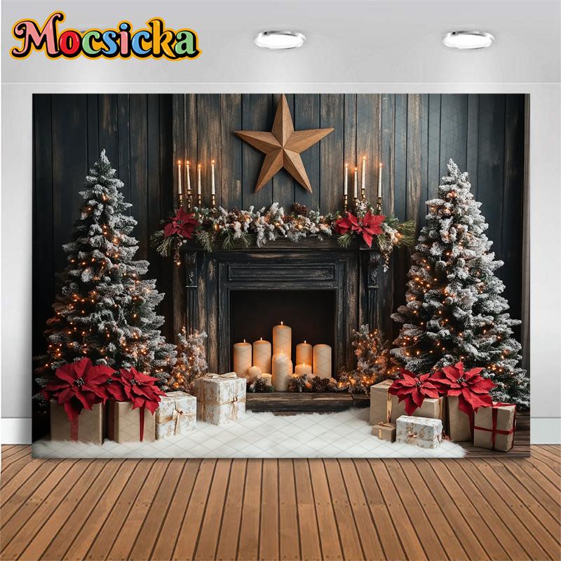 Mocsicka Christmas Tree Photography Background Gift Fireplace Home Wood Wall Decoration Baby Photo Backdrop Shooting Prop Studio