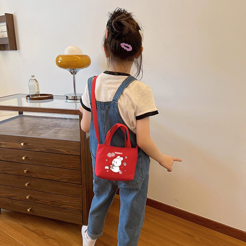 Cartoon Cute Rabbit Strawberry Print Children Shoulder Canvas Bag For Daily Use