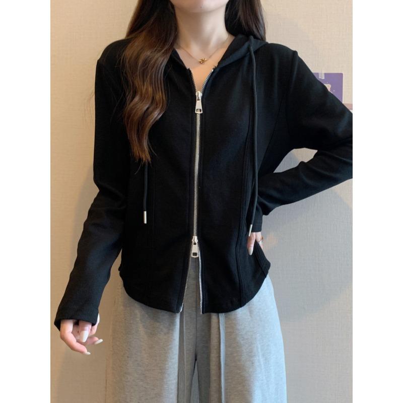 Hooded Zipper Sweatshirt Jacket for Women In Autumn, Large Size Fat Mm Slimming Design Niche Inner Bottomed Fish Bone Top