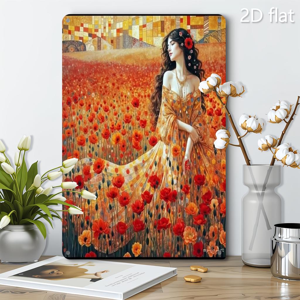 2D Flat, 1pc Floral Field Woman Wall Art - Tinplate Metal Sign Painting, 20.32x30.48 cm Indoor/Outdoor Hanging Decor, Vibrant Re