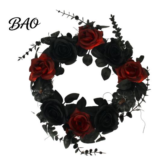 Halloween Garland Decoration Wreath for Front Door, Artificial Fall Maple Leaf Rose Pumpkin Seasonal Porch Hanging Piece Wreath, Autumn Harvest