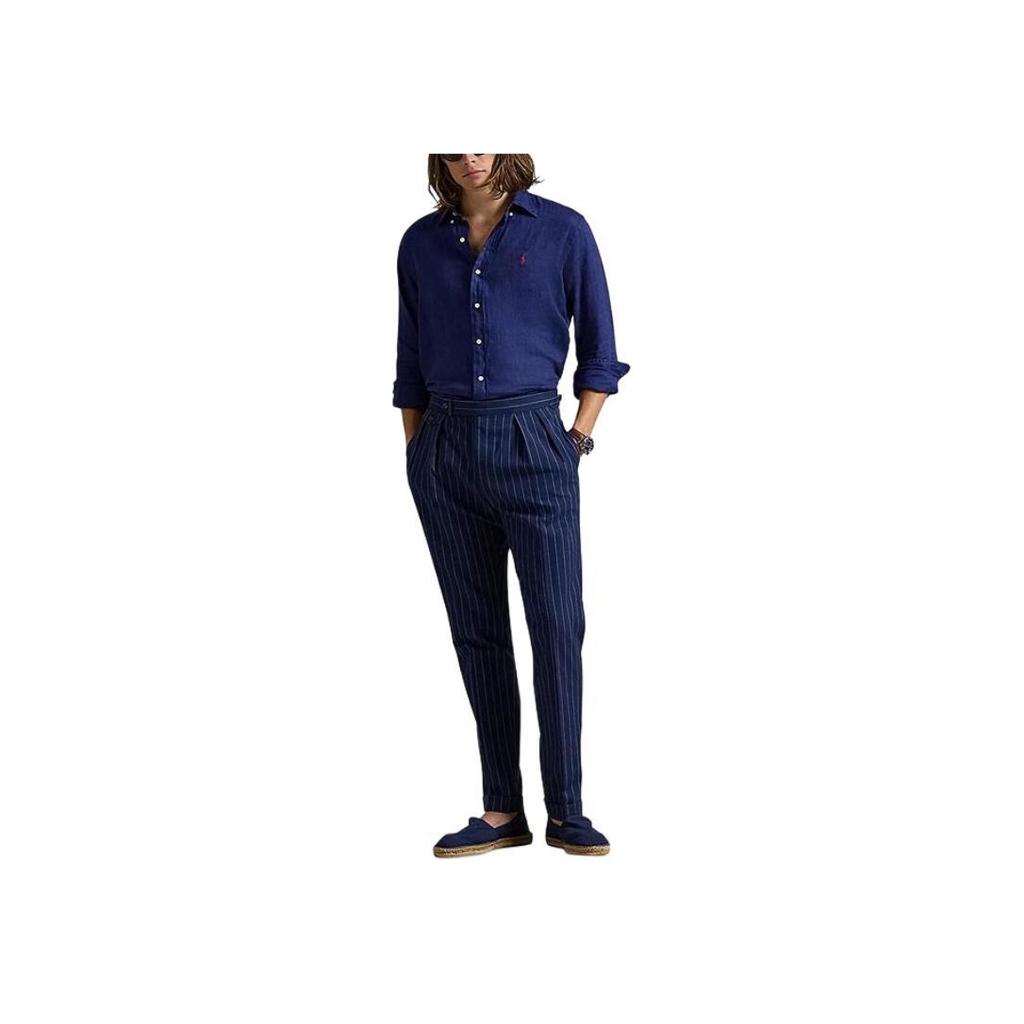 Polo Ralph Lauren Solid Color Long Sleeve Polo Collar Embroidered Single Breasted Shirt Classic Edition Men shirts Navy-Blue 710966292-501