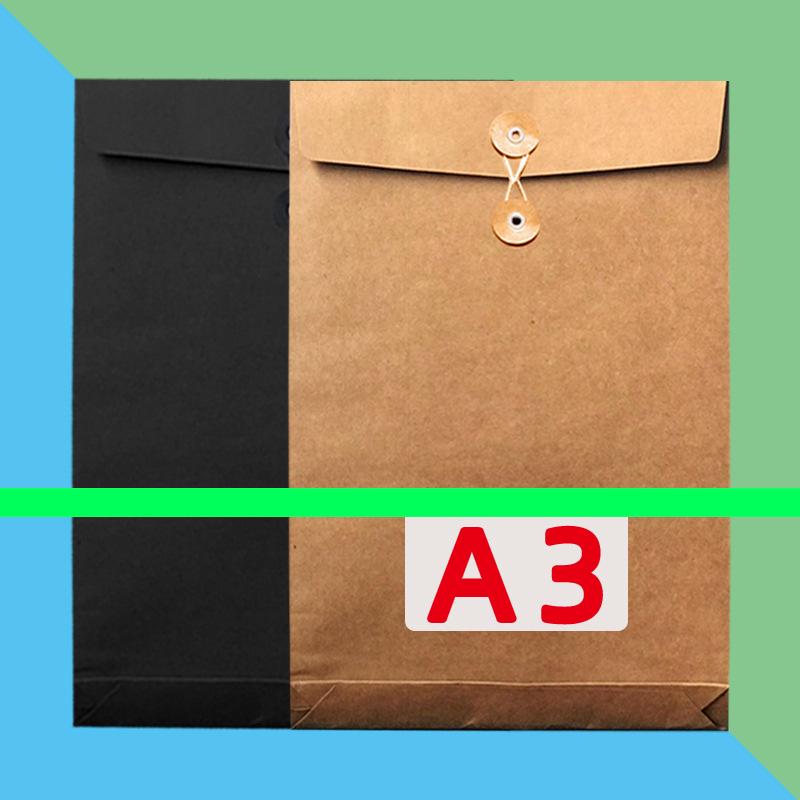A3 Black Kraft Paper File Bag with Rope Buckle - Solid Color, Vertical Line for General Archive Storage