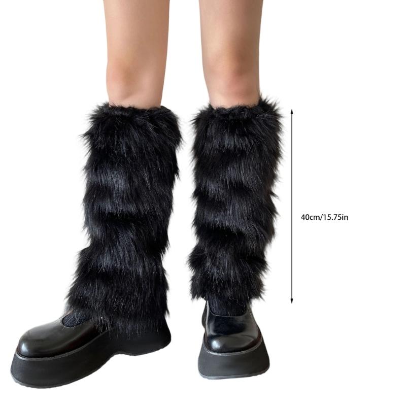 Soft Faux Furs Leg Sleeves Winter Leg Warmers Elastic Thermal Protective Boot Covers Footless Socks For Women Hosiery