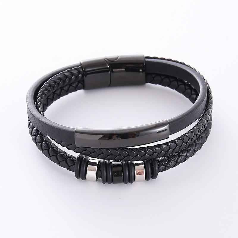 Mens Minimalist Multi-Layer Leather Rope Bracelet Stainless Steel Adjustable Woven Cuff Casual Fashion