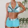 Women's Striped Cross V Neck Two Piece Swimsuit with Shorts