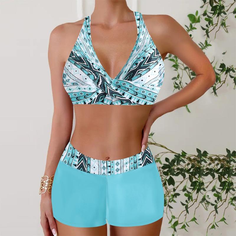 Women's Striped Cross V Neck Two Piece Swimsuit with Shorts