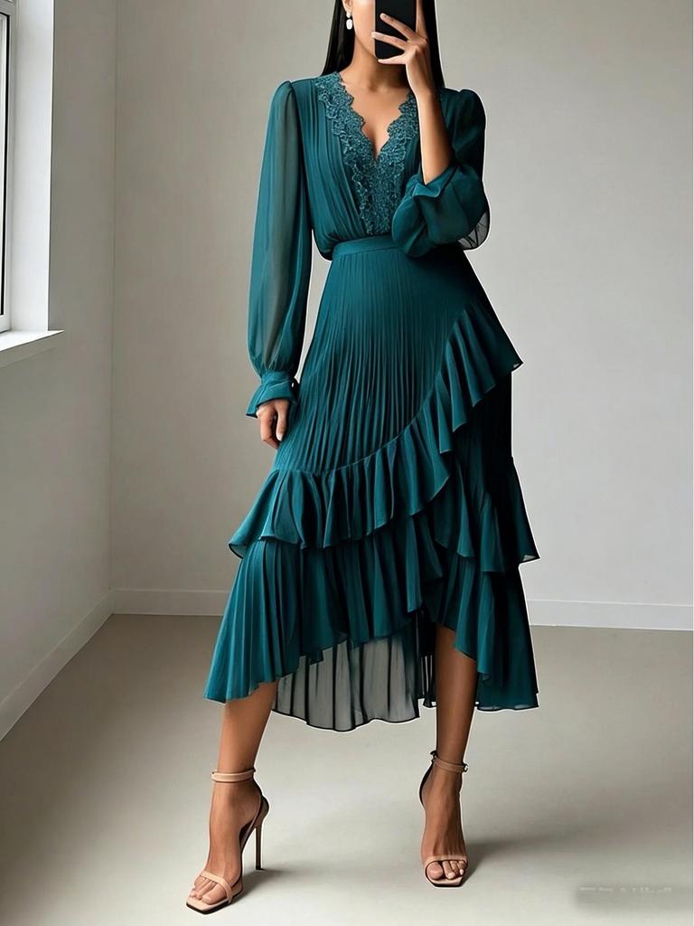 2026 European & American V-neck Long Sleeve Ruffled Pleated Dress for Banquet Parties