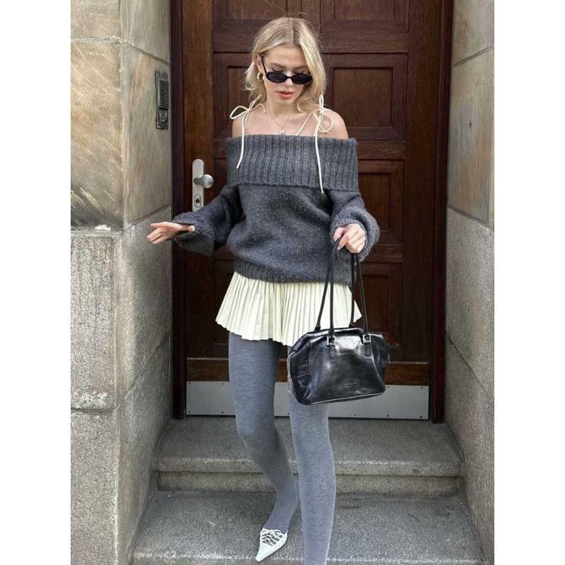 Linda. SZA American Gray Style Atmosphere High-Grade Gray off-Neck Gyaru Pullover Sweater All-Match Top