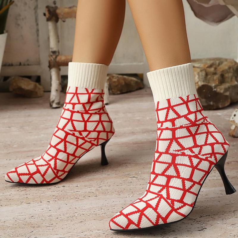 Fashion Autumn Fashion Plaid High Heel Boots Women Breathable Knitted Mesh Sock Boots Woman Pointed Toe Plus Size 36-43 Botas Ladies