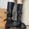 Vintage Thick Bottom Woman Knee High Boots Fashion Belt Buckle Zippers Shoes Female Knight Long Booties Shoes