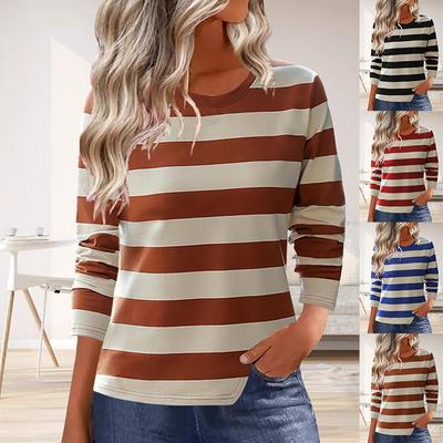 Herbst Winter Vielseitige Mode Einfarbig Streifen Rundhals Langarm Damen T-Shirt Top