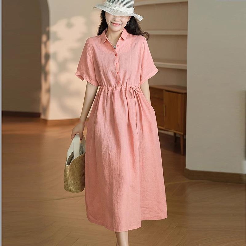 

Однотонное хлопково-льняное платье с коротким рукавом женское 2025 лето веер свободное и тонкое модное платье-поло средней длины M розовый
