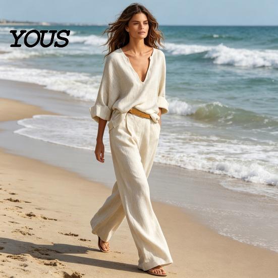 Lockere Passform Damenbekleidung Damen 2-teiliges Baumwoll-Leinen-Set, Langarm V-Ausschnitt Bluse Bequemes Outfit Und Weite Hosen Passend für Sommerurlaub