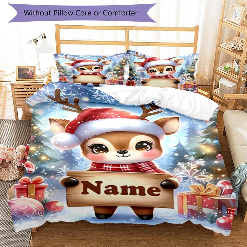 3pcs Custom Name Christmas Reindeer Bedding Set Duvet Cover Closure Includes 1 Duvet Cover & 2 Pillowcases, Soft and Comfortable for All Seasons.