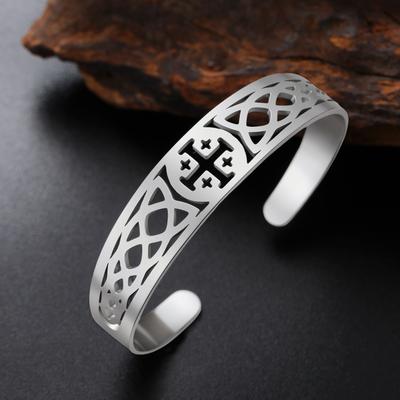 Stainless Steel Jerusalem Cross Open Cuff Bangle Celtic Knot Hollow Cuff Bracelet Religious Faith Jewelry Gift