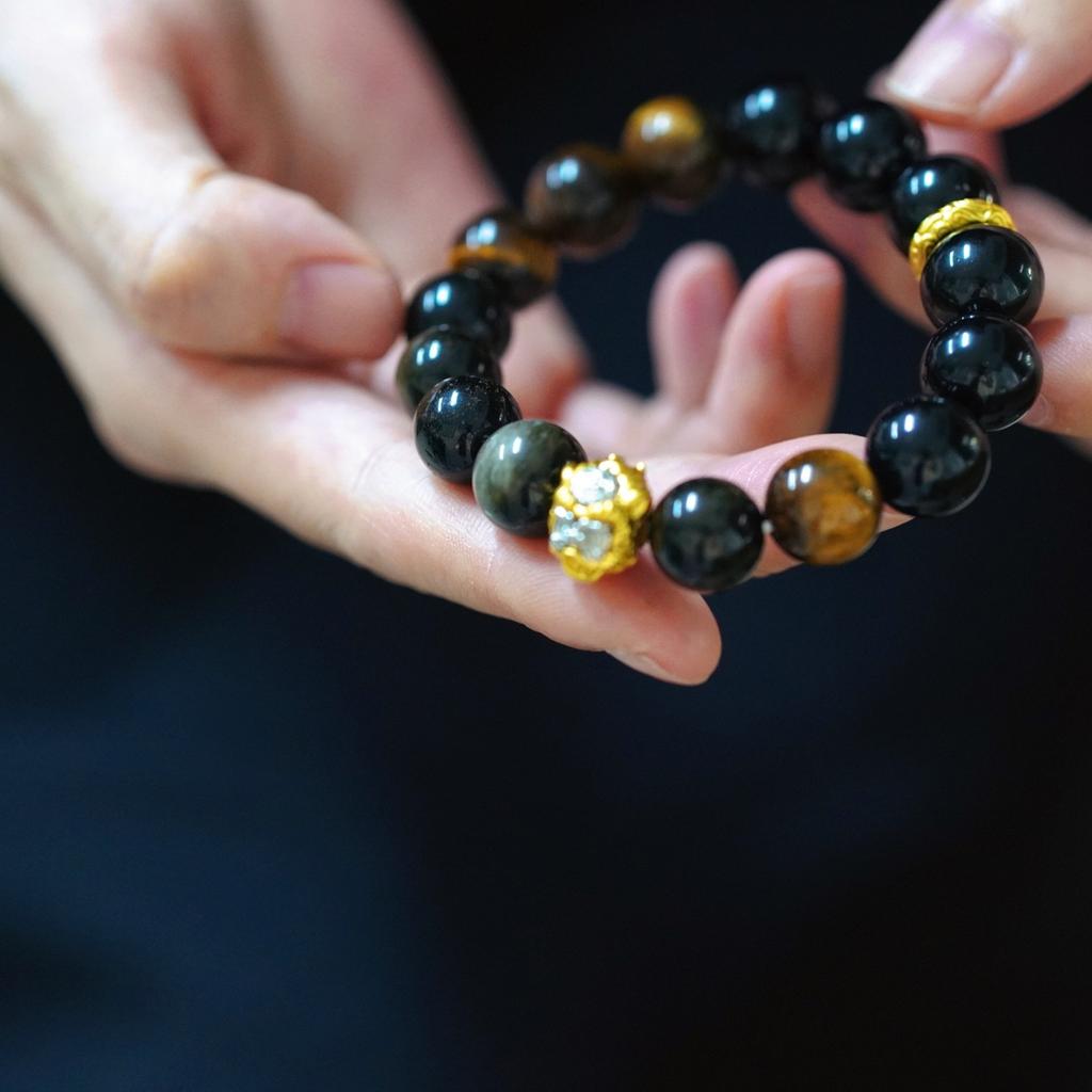 12Mm High Quality Natural Obsidian Tiger'S Eye Design Bracelet Bracelet