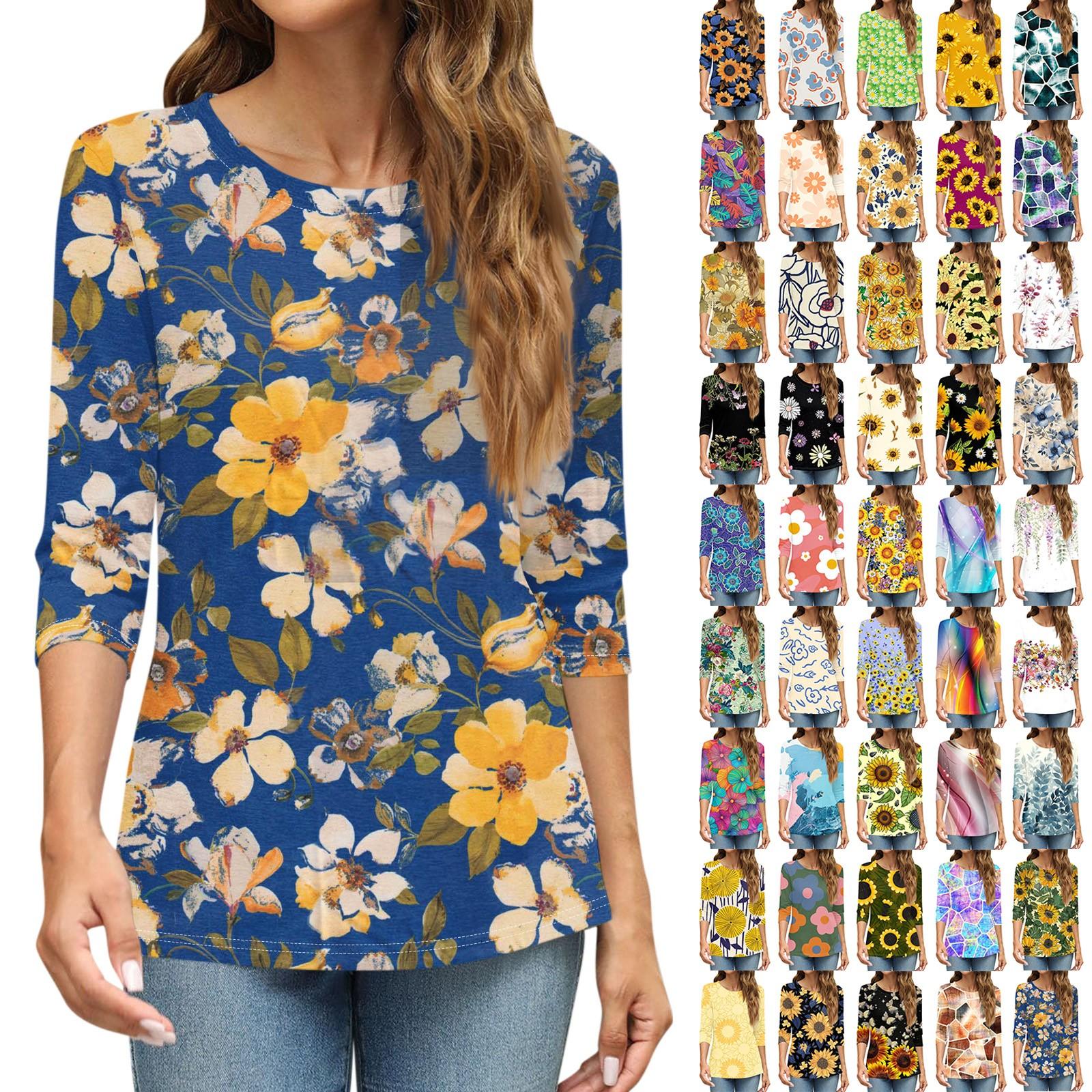 

Women s Fashion Casual Round Neck 3/4 Sleeve Loose Printed T Shirt Ladies Top