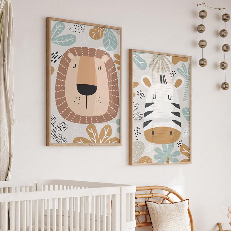 Löwe Zebra Blatt Benutzerdefinierter Name Kinderzimmer Wandkunst Leinwandgemälde Tiere Nordische Poster und Drucke Bilder für Baby Kinderzimmer Dekor