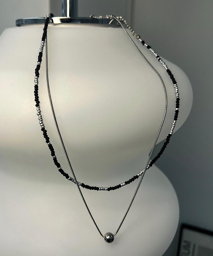 Ssy [Set] Handmade Glass Bead & Silver Ball Layering Necklace