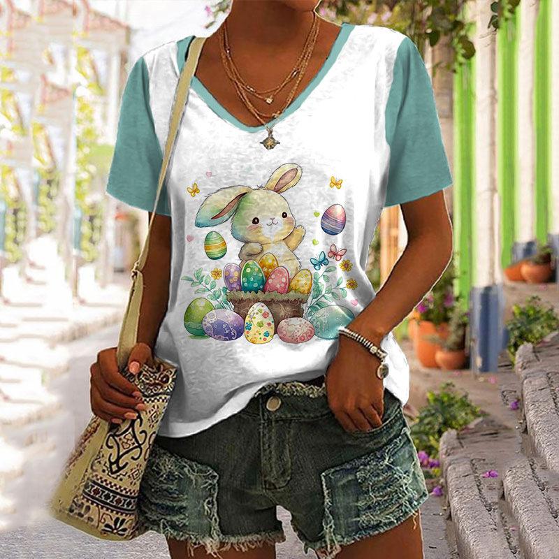 Summer V-neck 3D Printed Top Fashionable Casual Short Sleeved Women's T-shirts