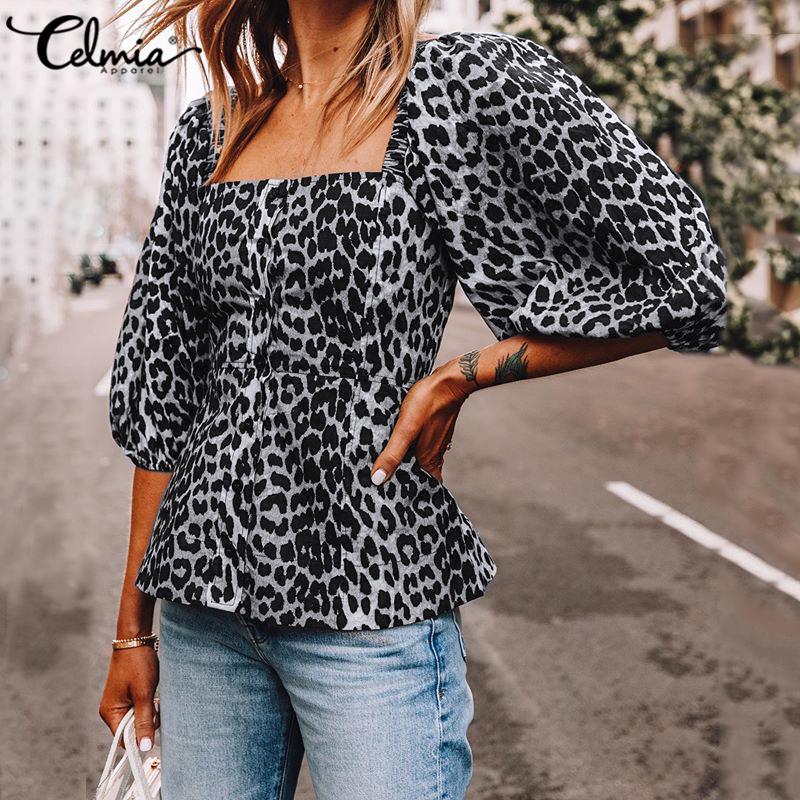 

Celmia Leopard Print Весенние Женские Квадратные Воротники ПолуПышные Рукава Топы