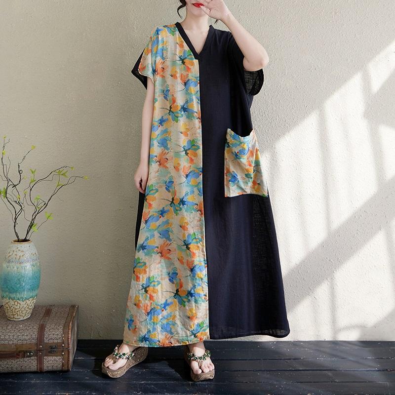 Short Sleeve Plus Size Cotton Vintage Floral New In Dresses for Women Casual Loose Maxi Long Summer Dress