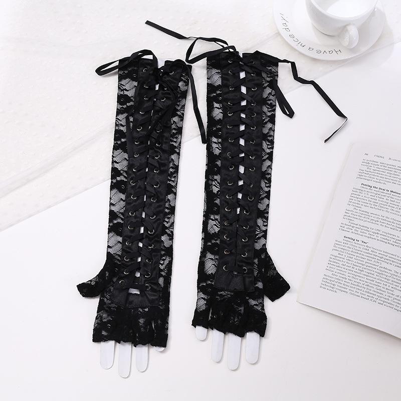 Meier Lace-up lace gloves, long sexy fingerless gloves, studded gloves One size fits all чёрный