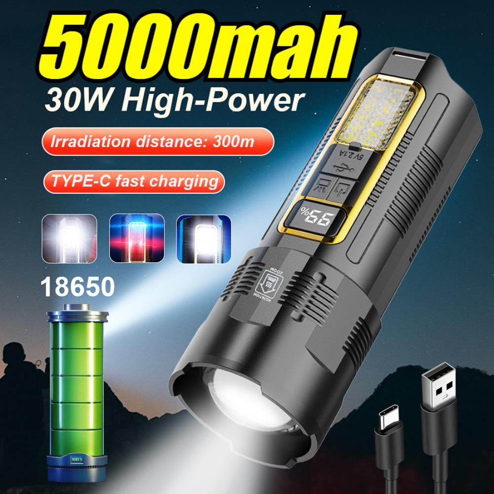Super Bright LED Flashlight 300M Long Shot Type-C Rechargeable Torch Portable Spotlight 18650 Battery Lamp Power Bank Lantern
