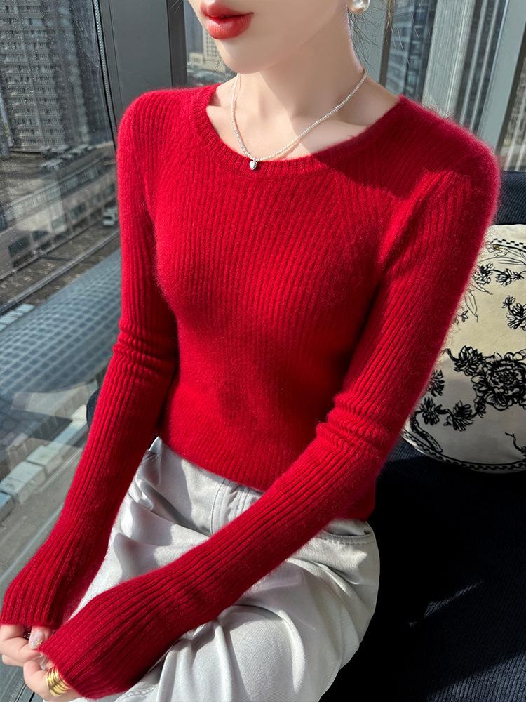 Women's Slim Fit Ribbed Wool Sweater - Round Neck, Versatile Autumn/Winter Base Layer