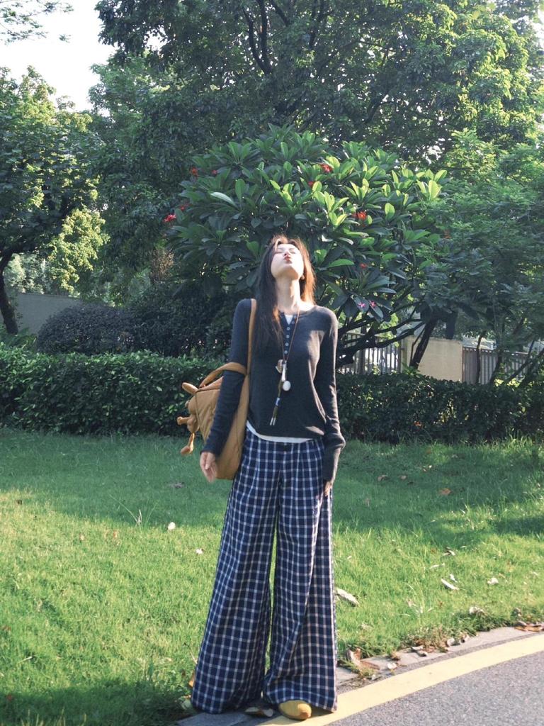 Women's Retro Blue Plaid High Waist Wide Leg Pants - Loose, Floor-Length, 145 Petite Style