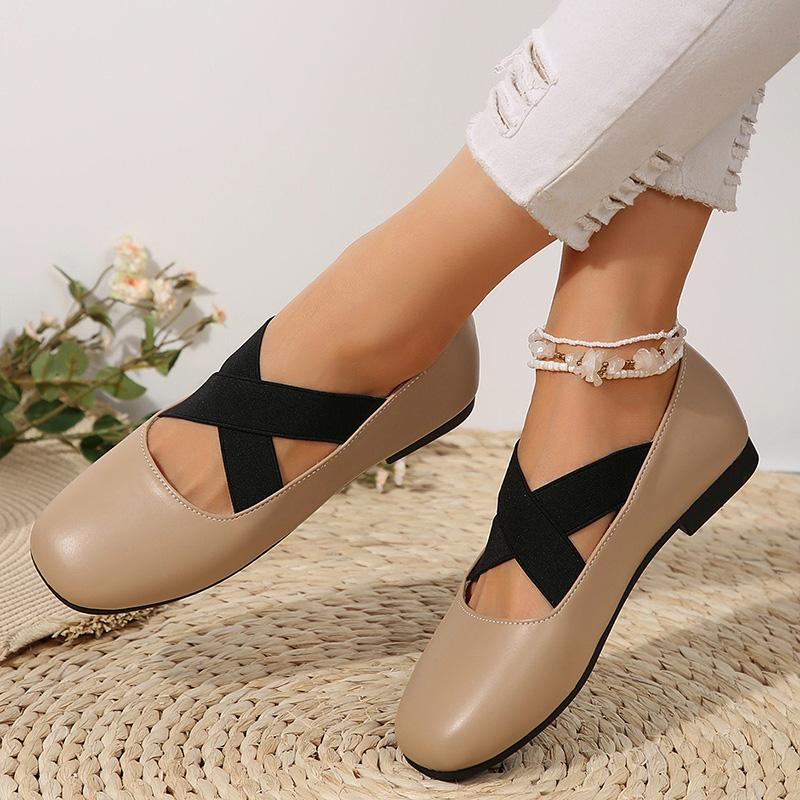 Women's Ballet Flats Cross Elastic Bands Casual Loafers Women Thin Leather Slip-on Scoop Shoes Soft Soles Comfortable Work Shoes