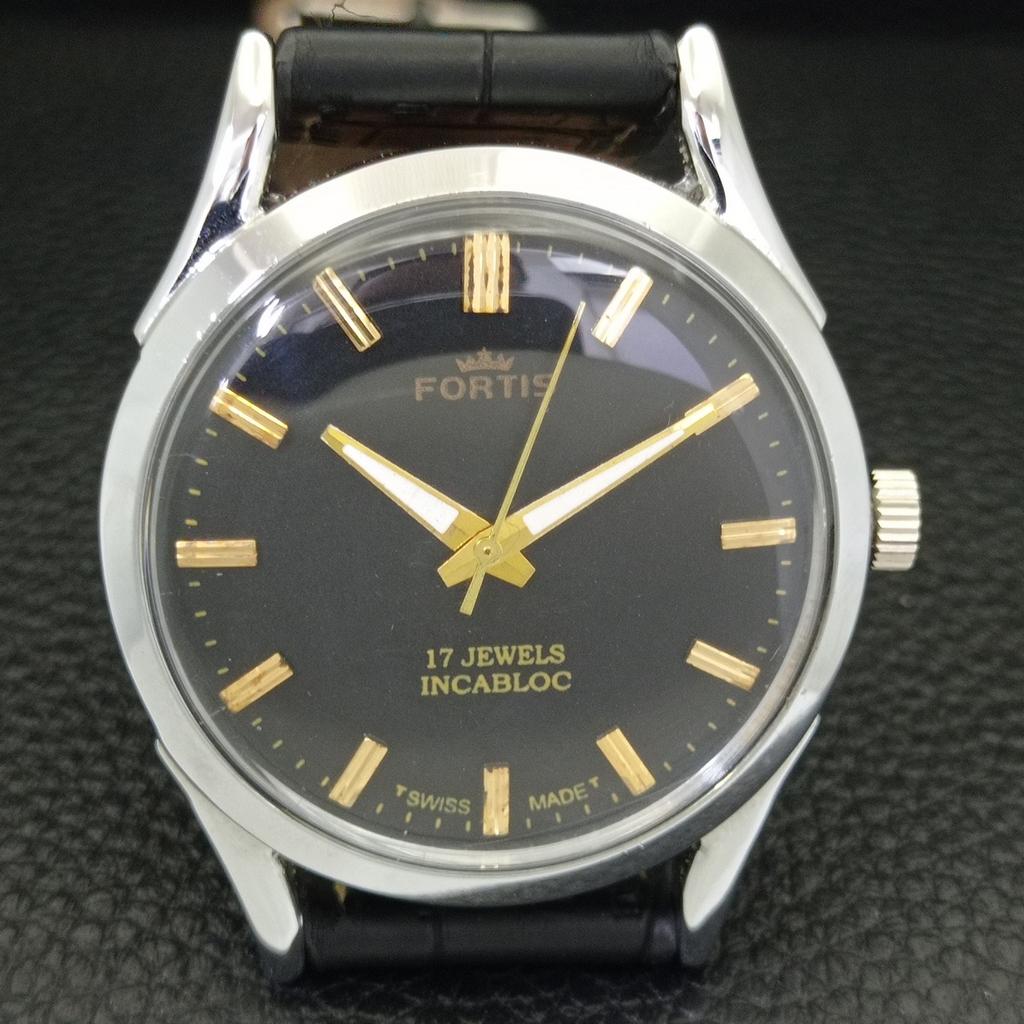 SWISS VINTAGE HAND-WINDING MENS REFURBISHED BLACK COLOR DIAL WATCH a701049-5 R205a-a701049