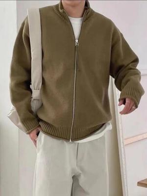 Men's 2025 Stand Collar Knit Cardigan Sweater - Casual, Loose Fit, Trendy Outerwear for Spring, Autumn, and Winter.