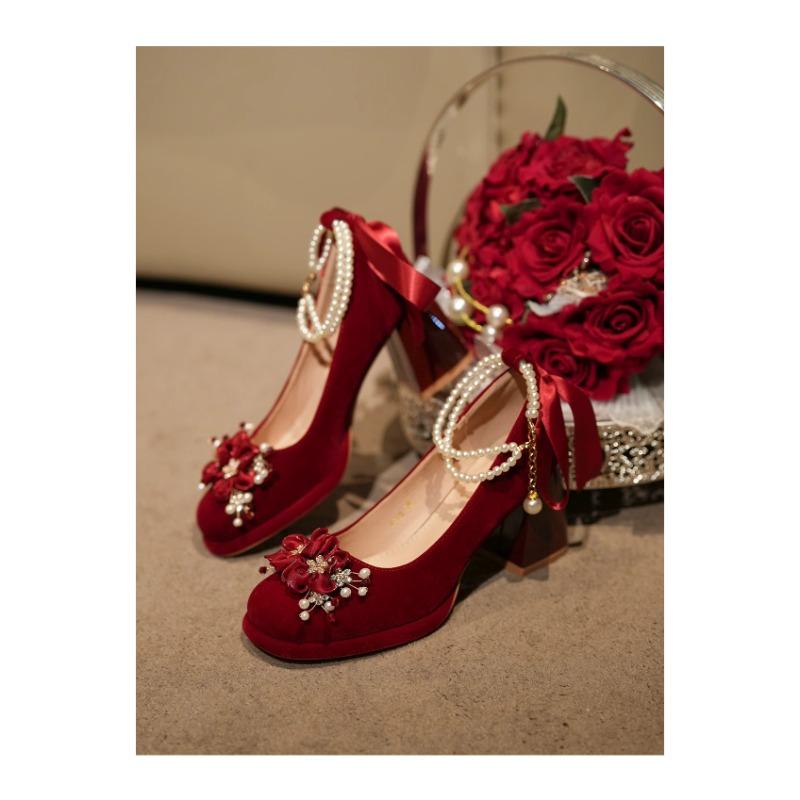Fashion Red Wedding Shoes, Two-wear Wedding Dress, Mary Jane's Thick and High Heel Women's Shoes 2025 New Style