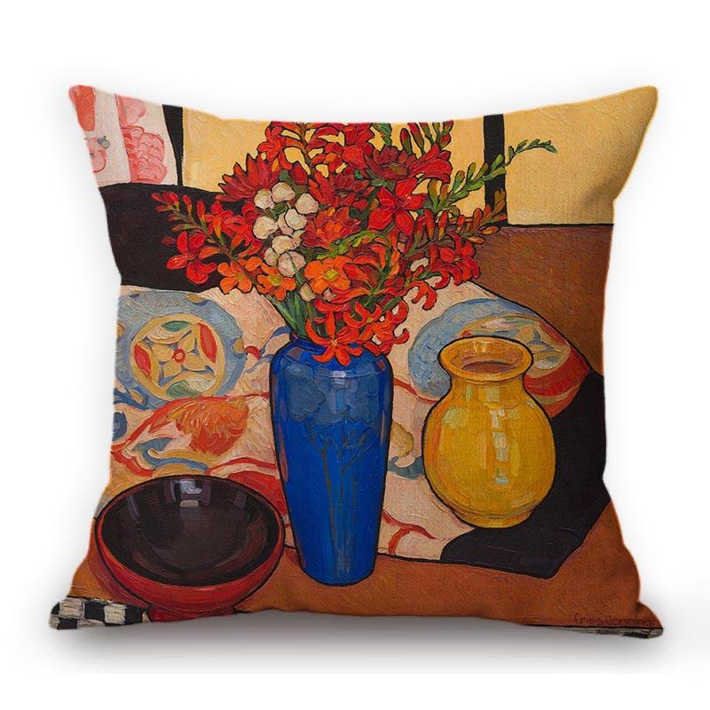 Modern Bright Color Still Life Flower Vase Oil Painting Cotton Linen Sofa Throw Pillow Case Home Decoration Cushion Cover