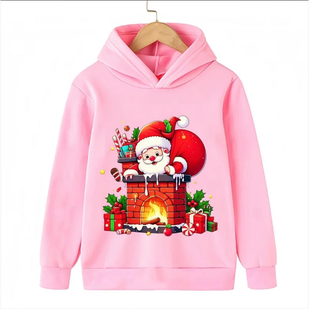 2025 Christmas Cute Christmas Chimney Festival Dress Up Girl Autumn/Winter Hoodie Hoodie Suitable for Children Aged 4-14 Warm Top