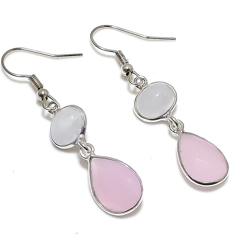 

Natural Rose Quartz, Chalcedony Gemstone 925 Sterling Silver Earring 1.89 Q9I21