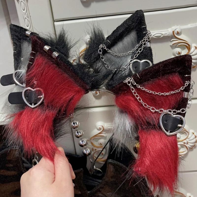 Anime Theme Gatherings Cat Ear Headband with Alloy Earring Movie Enthusiasts Plush Wolf Headband for Teenagers Adult