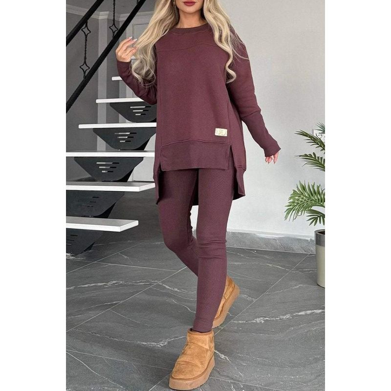 

European and American Women clothes Top Slit Long sleeve round Neck Casual Solid Set Leisure Solid Color Set Reddish Brown XXXL
