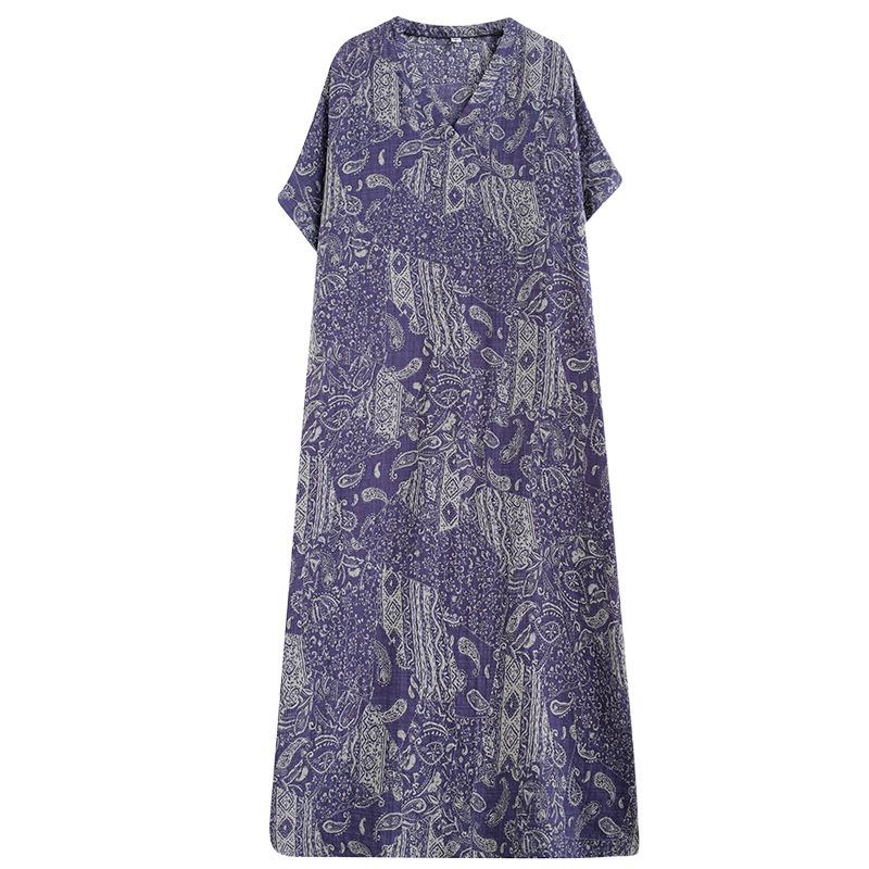 Summer Literary Plus Print V-neck Loose Vacation Style Short Sleeved Women's Dress