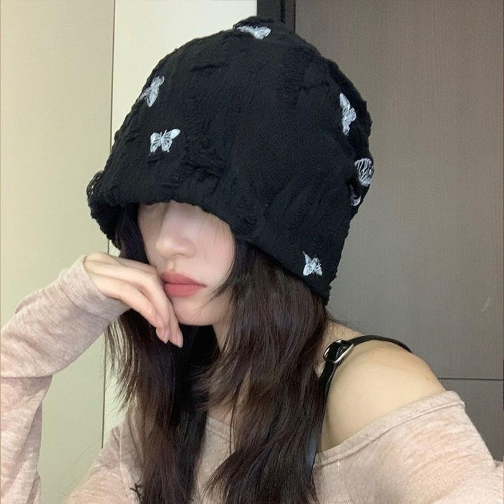 Coldproof Fleece Beanies Thickened Plush Pullover Hat Soft Butterfly Print Beanies  Outdoor