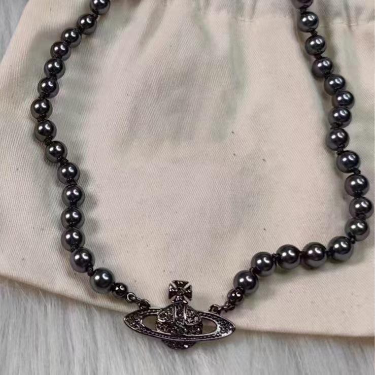 Empress Dowager Saturn Pearl Pendant Necklace - Women's Fashion Clavicle Chain with Planet Charm