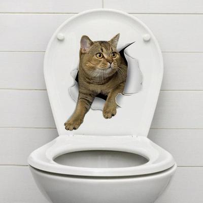 Cute Cats Wall Sticker Hole View Bathroom 3D Toilet Stickers For Home Decoration