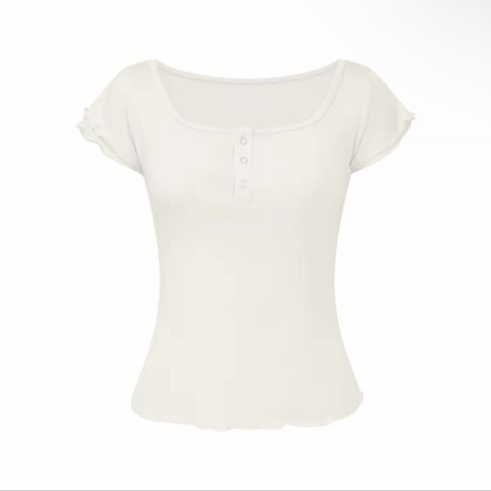 Homemade~ Misty Midsummer, Double-Layer Fungus Edge Small Flying Sleeves Solid Shoulder T-Shirt Slim-fit Versatile Top