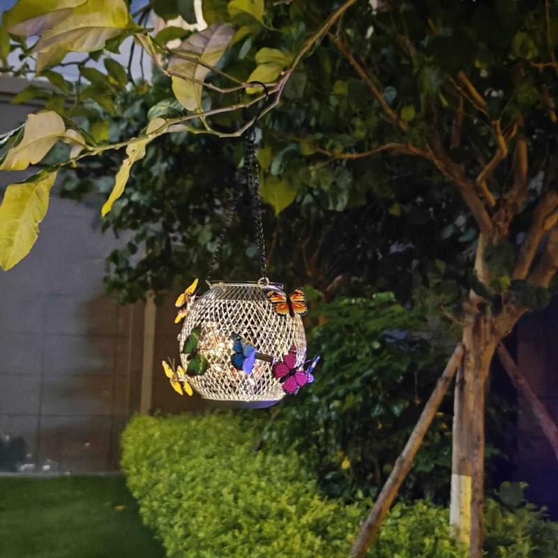 Solar Powered Hanging Lantern, Metal Mesh LED Butterfly Light, Waterproof Outdoor Garden Patio Yard Decor, Warm White & Multicolor Night Lamp